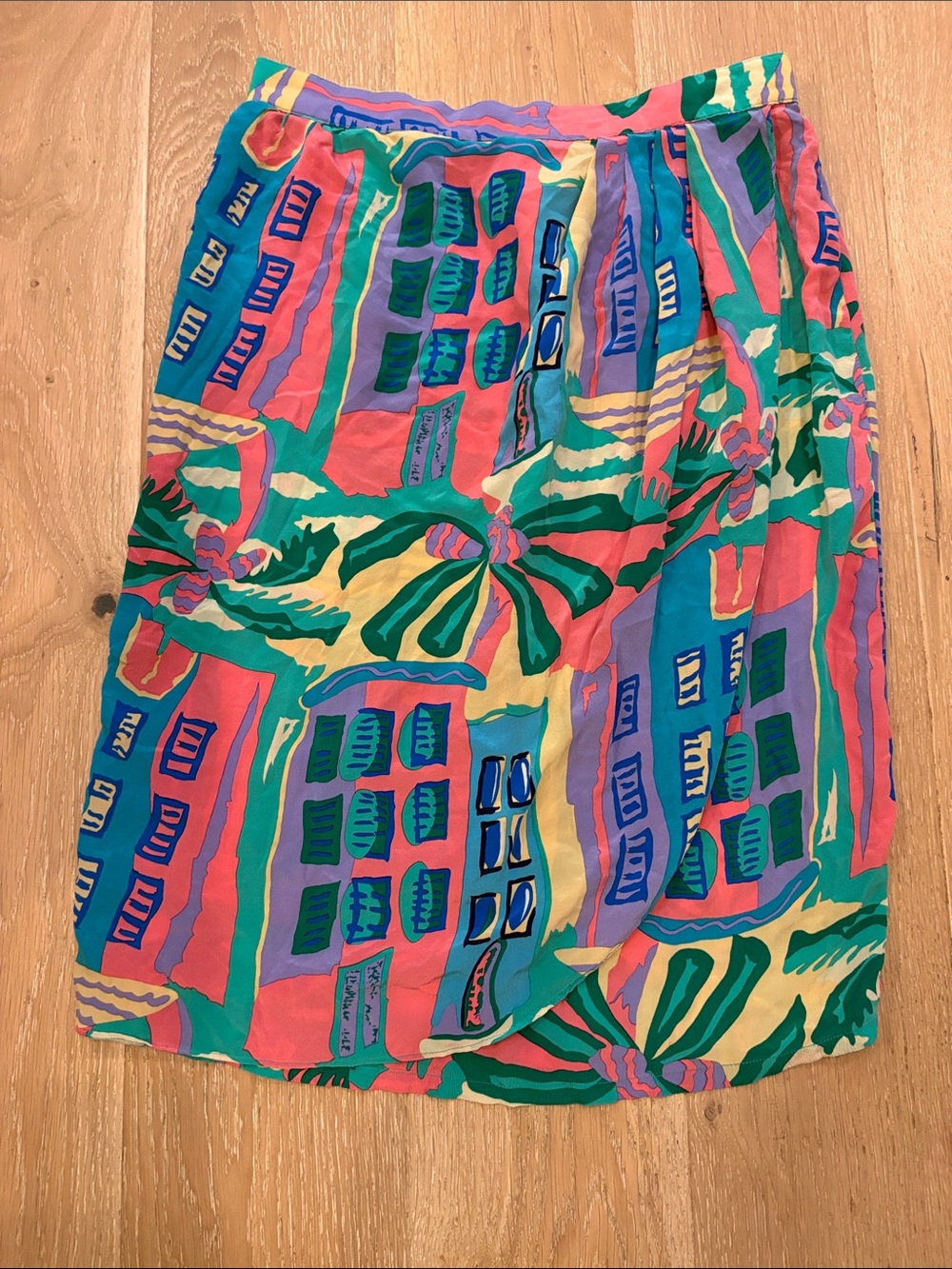 Vtg 90s Nora Noh Silk Abstract Pencil Skirt Pink L Colorful Y2K Barbie